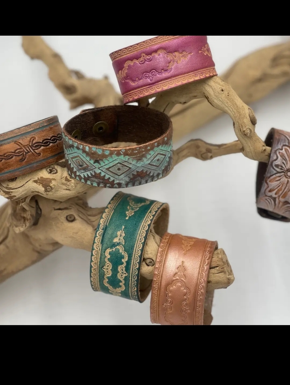#1537 A Rare Bird Handcrafted Tooled Leather Cuffs - Picture 4 of 4